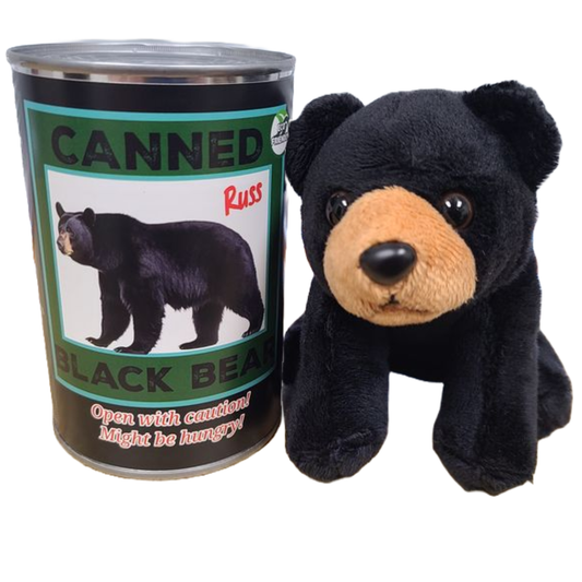 Russ the Canned Black Bear | Stuffed Zoo Plush w/Jokes |Gift: Pop Top Lid