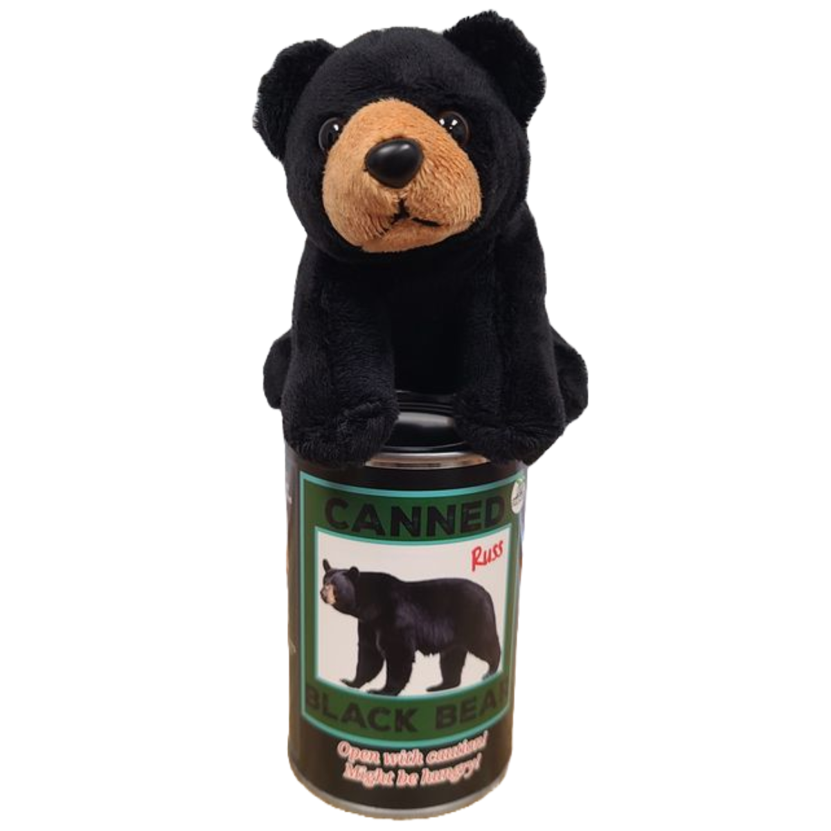 Russ the Canned Black Bear | Stuffed Zoo Plush w/Jokes |Gift: Pop Top Lid